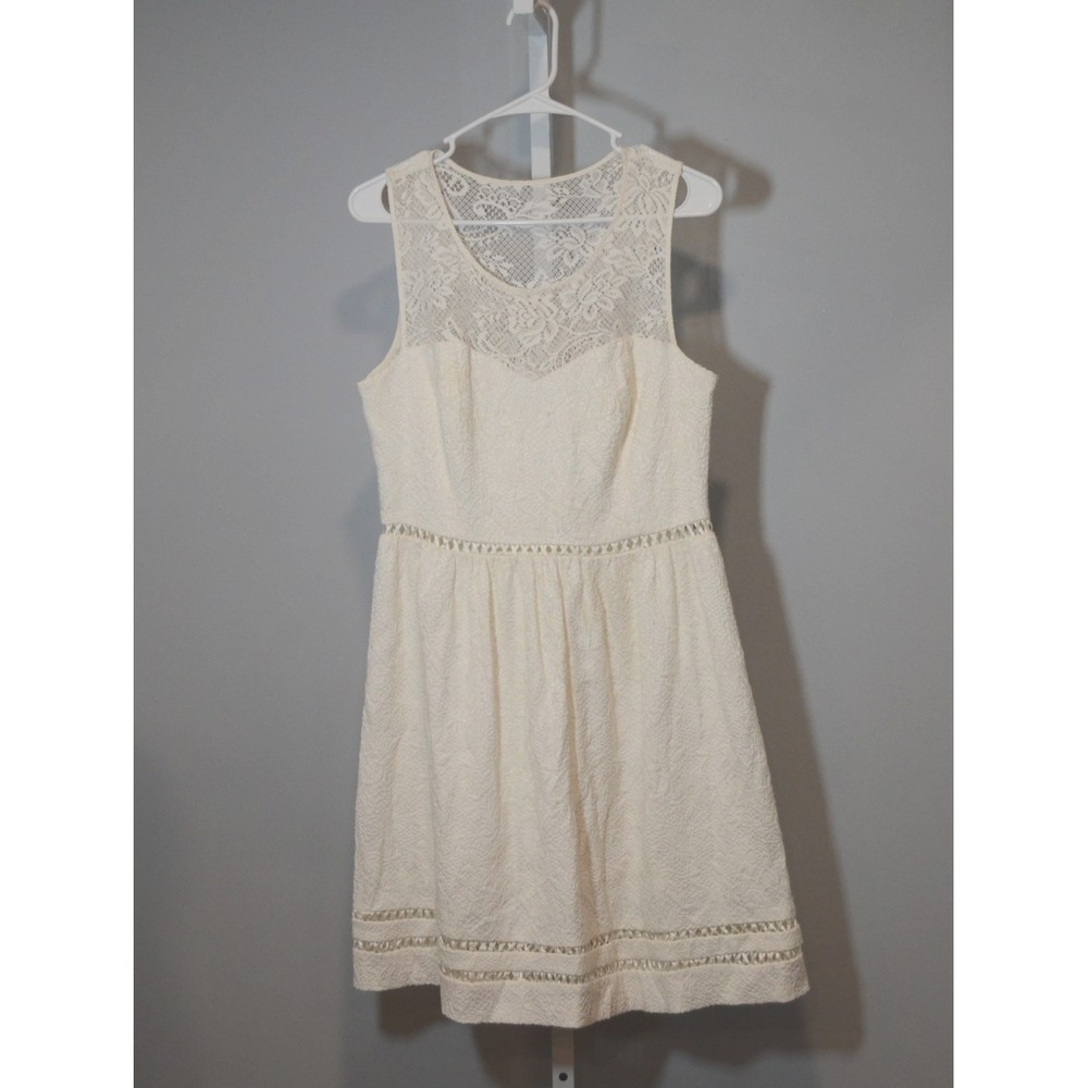 Guess Size 12 Ivory Lace/Jacquard Fit Flare Dress Sheer Yoke Ribbon Trim LWD